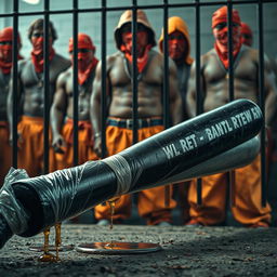 A large black baseball bat wrapped in plastic, with clear oil dripping from it, laying on the ground