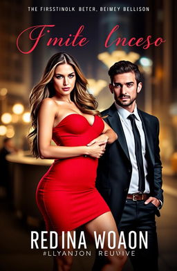 A captivating book cover featuring a stunning woman in a form-fitting, sexy red dress, showcasing her elegant silhouette