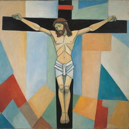 Illustrate Jesus' crucifixion in the style of Pablo Picasso. Use his signature cubist technique to fragment and rearrange the scene, featuring abstract shapes, a range of colors, and multiple viewpoints of Jesus on the cross.