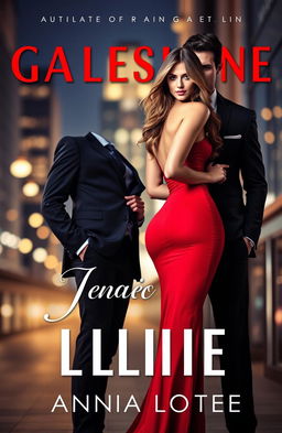 A captivating book cover featuring a stunning woman in a form-fitting, sexy red dress, showcasing her elegant silhouette