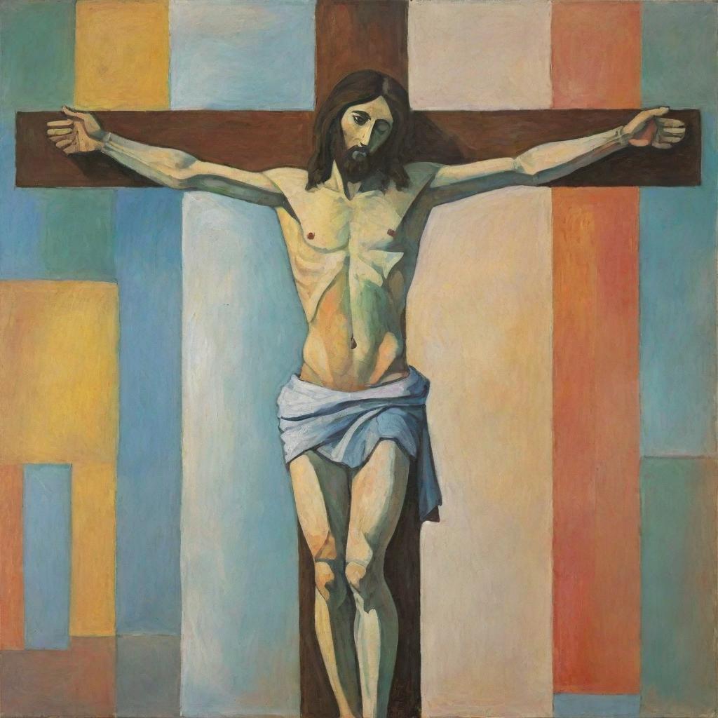 Illustrate Jesus' crucifixion in the style of Pablo Picasso. Use his signature cubist technique to fragment and rearrange the scene, featuring abstract shapes, a range of colors, and multiple viewpoints of Jesus on the cross.