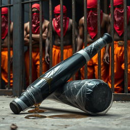 A large black baseball bat wrapped in plastic, with clear oil dripping from it, laying on the ground