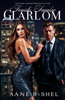 A captivating book cover featuring an elegant woman in a stunning, sexy glittery dress with shimmering sequins that sparkle under the light