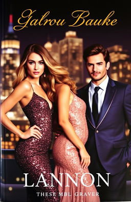 A captivating book cover featuring an elegant woman in a stunning, sexy glittery dress with shimmering sequins that sparkle under the light