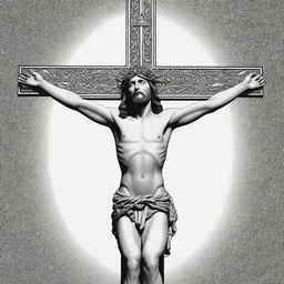 Render Jesus' crucifixion in cordel style, a popular Brazilian folk art. Capture the event in high contrast black and white with detailed, intricate line work and geometric forms, depicting Jesus on the cross with stylized elements around.