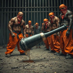 A large black baseball bat wrapped in plastic, with clear oil dripping down from it, is resting on a gritty ground