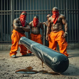 A large black baseball bat wrapped in plastic, with clear oil dripping down from it, is resting on a gritty ground