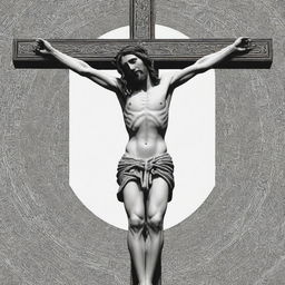 Render Jesus' crucifixion in cordel style, a popular Brazilian folk art. Capture the event in high contrast black and white with detailed, intricate line work and geometric forms, depicting Jesus on the cross with stylized elements around.