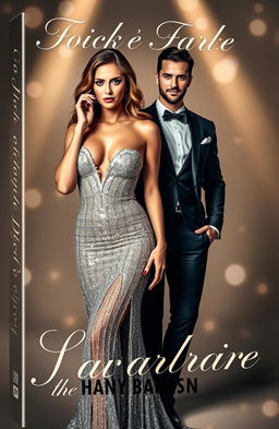 A stunning book cover featuring a glamorous woman wearing a sexy glittery dress that sparkles under soft lighting, showcasing her elegance and allure