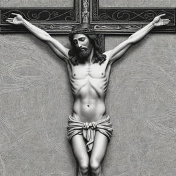 Render Jesus' crucifixion in cordel style, a popular Brazilian folk art. Capture the event in high contrast black and white with detailed, intricate line work and geometric forms, depicting Jesus on the cross with stylized elements around.