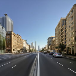 A 2-lane city road during the day, void of human traffic with just a few cars sporadically placed, under a clear sky.