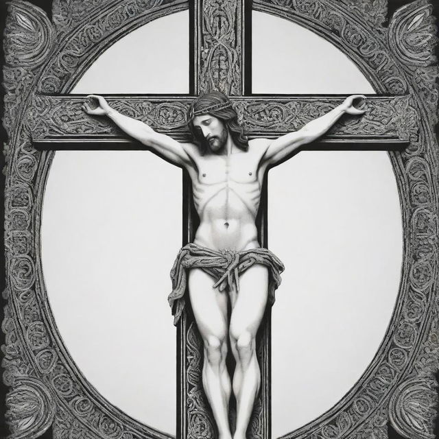 Render Jesus' crucifixion in cordel style, a popular Brazilian folk art. Capture the event in high contrast black and white with detailed, intricate line work and geometric forms, depicting Jesus on the cross with stylized elements around.