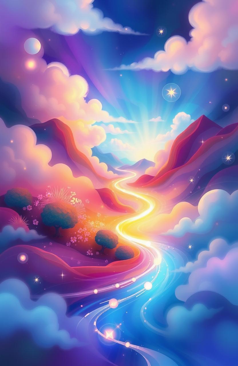 an abstract representation of beauty and harmony in a dreamlike landscape, featuring vibrant colors and flowing shapes, inspired by the essence of tranquility, a river of light meandering through a surreal environment with soft clouds and glowing flora, creating a sense of peace and serenity