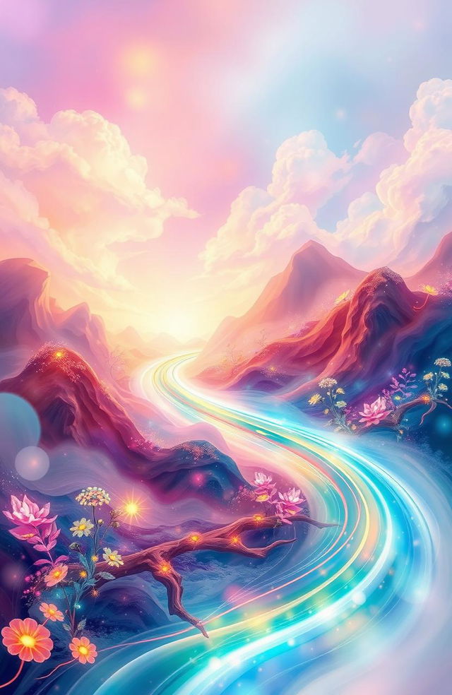 an abstract representation of beauty and harmony in a dreamlike landscape, featuring vibrant colors and flowing shapes, inspired by the essence of tranquility, a river of light meandering through a surreal environment with soft clouds and glowing flora, creating a sense of peace and serenity