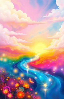 an abstract representation of beauty and harmony in a dreamlike landscape, featuring vibrant colors and flowing shapes, inspired by the essence of tranquility, a river of light meandering through a surreal environment with soft clouds and glowing flora, creating a sense of peace and serenity