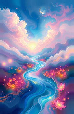 an abstract representation of beauty and harmony in a dreamlike landscape, featuring vibrant colors and flowing shapes, inspired by the essence of tranquility, a river of light meandering through a surreal environment with soft clouds and glowing flora, creating a sense of peace and serenity
