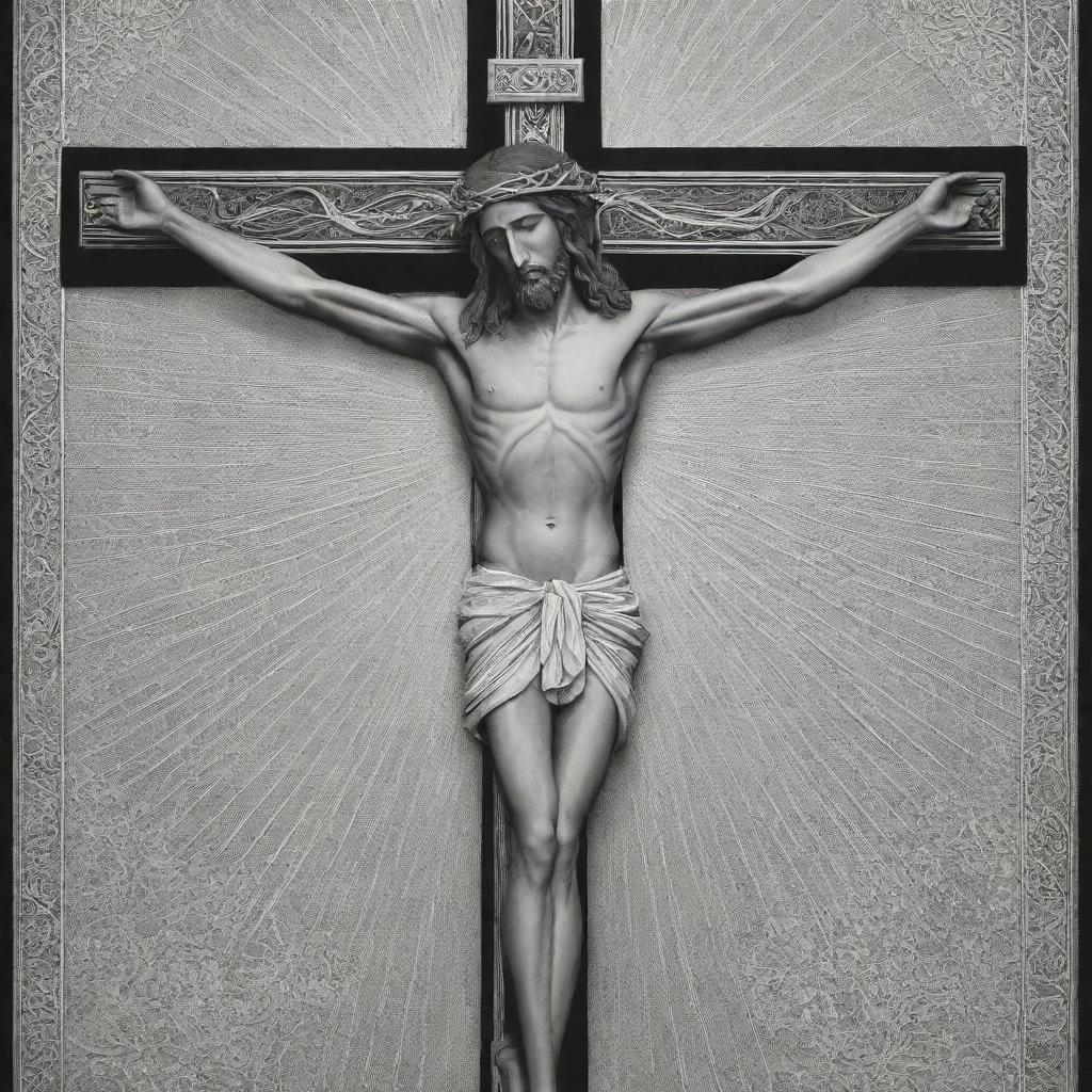 Depict the crucifixion of Jesus in cordel style, a characteristic of Brazilian folk art. Create a high contrast, intricate black and white scene showing Jesus on the cross, incorporating geometric shapes and fine line work.