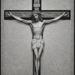 Depict the crucifixion of Jesus in cordel style, a characteristic of Brazilian folk art. Create a high contrast, intricate black and white scene showing Jesus on the cross, incorporating geometric shapes and fine line work.