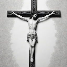 Depict the crucifixion of Jesus in cordel style, a characteristic of Brazilian folk art. Create a high contrast, intricate black and white scene showing Jesus on the cross, incorporating geometric shapes and fine line work.