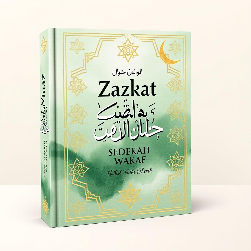 a captivating book cover design for 'Zakat, Infaq, Sedekah, Wakaf', featuring a harmonious blend of Islamic motifs and elegant calligraphy, incorporating elements like gold crescent moons, intricate geometric patterns, and soft watercolor effects in shades of green and gold, symbolizing generosity and charity, with the title prominently displayed in an ornate font, set against a peaceful background that evokes a sense of spirituality