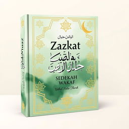 a captivating book cover design for 'Zakat, Infaq, Sedekah, Wakaf', featuring a harmonious blend of Islamic motifs and elegant calligraphy, incorporating elements like gold crescent moons, intricate geometric patterns, and soft watercolor effects in shades of green and gold, symbolizing generosity and charity, with the title prominently displayed in an ornate font, set against a peaceful background that evokes a sense of spirituality