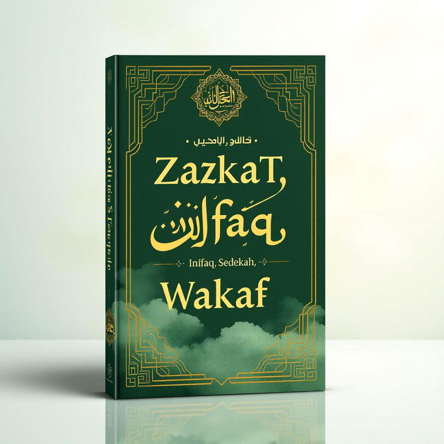 a captivating book cover design for 'Zakat, Infaq, Sedekah, Wakaf', featuring a harmonious blend of Islamic motifs and elegant calligraphy, incorporating elements like gold crescent moons, intricate geometric patterns, and soft watercolor effects in shades of green and gold, symbolizing generosity and charity, with the title prominently displayed in an ornate font, set against a peaceful background that evokes a sense of spirituality