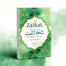 a captivating book cover design for 'Zakat, Infaq, Sedekah, Wakaf', featuring a harmonious blend of Islamic motifs and elegant calligraphy, incorporating elements like gold crescent moons, intricate geometric patterns, and soft watercolor effects in shades of green and gold, symbolizing generosity and charity, with the title prominently displayed in an ornate font, set against a peaceful background that evokes a sense of spirituality