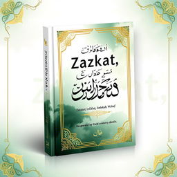 a captivating book cover design for 'Zakat, Infaq, Sedekah, Wakaf', featuring a harmonious blend of Islamic motifs and elegant calligraphy, incorporating elements like gold crescent moons, intricate geometric patterns, and soft watercolor effects in shades of green and gold, symbolizing generosity and charity, with the title prominently displayed in an ornate font, set against a peaceful background that evokes a sense of spirituality