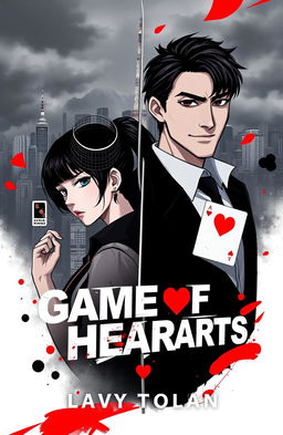 The cover of 'Game of Hearts' features two main characters: Lana, depicted in a determined pose reflecting her analytical nature, and Chishiya, sporting his trademark smirk that hints at his cunning personality