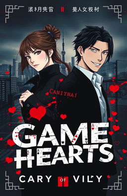 The cover of 'Game of Hearts' features two main characters: Lana, depicted in a determined pose reflecting her analytical nature, and Chishiya, sporting his trademark smirk that hints at his cunning personality