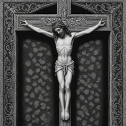 Depict the crucifixion of Jesus in cordel style, a characteristic of Brazilian folk art. Create a high contrast, intricate black and white scene showing Jesus on the cross, incorporating geometric shapes and fine line work.