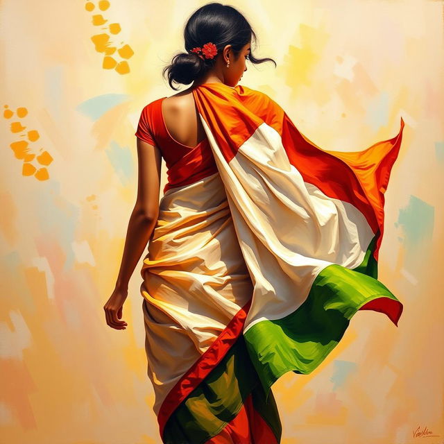 A vibrant painting showcasing a girl in motion, specifically capturing her back view