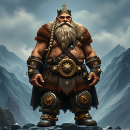 A full-body portrait of King Garp Ironfoot, the ruler of Flattop Mountain, showcasing his embodiment of dwarven pragmatism and innovation