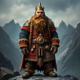 A full-body portrait of King Garp Ironfoot, the ruler of Flattop Mountain, showcasing his embodiment of dwarven pragmatism and innovation