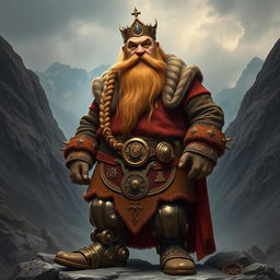 A full-body portrait of King Garp Ironfoot, the ruler of Flattop Mountain, showcasing his embodiment of dwarven pragmatism and innovation