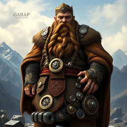 A full-body portrait of King Garp Ironfoot, the ruler of Flattop Mountain, showcasing his embodiment of dwarven pragmatism and innovation