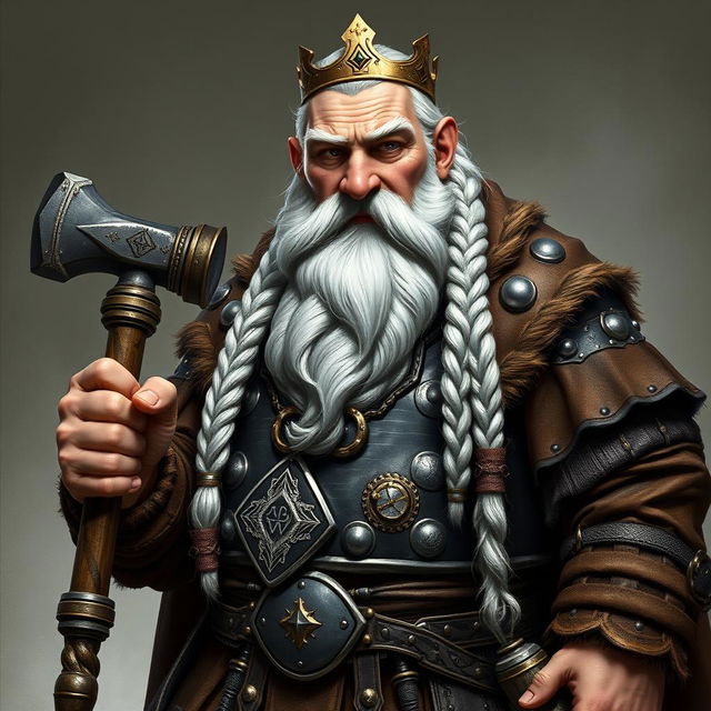 A detailed portrait of King Garp Ironfoot, an imposing dwarven monarch standing at four and a half feet tall