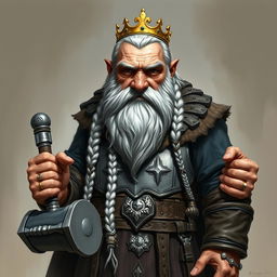 A detailed portrait of King Garp Ironfoot, an imposing dwarven monarch standing at four and a half feet tall
