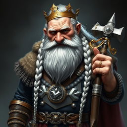 A detailed portrait of King Garp Ironfoot, an imposing dwarven monarch standing at four and a half feet tall