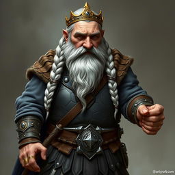A detailed portrait of King Garp Ironfoot, an imposing dwarven monarch standing at four and a half feet tall