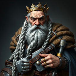 A detailed portrait of King Garp Ironfoot, an imposing dwarven monarch characterized by standing four and a half feet tall
