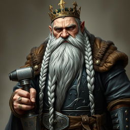 A detailed portrait of King Garp Ironfoot, an imposing dwarven monarch characterized by standing four and a half feet tall