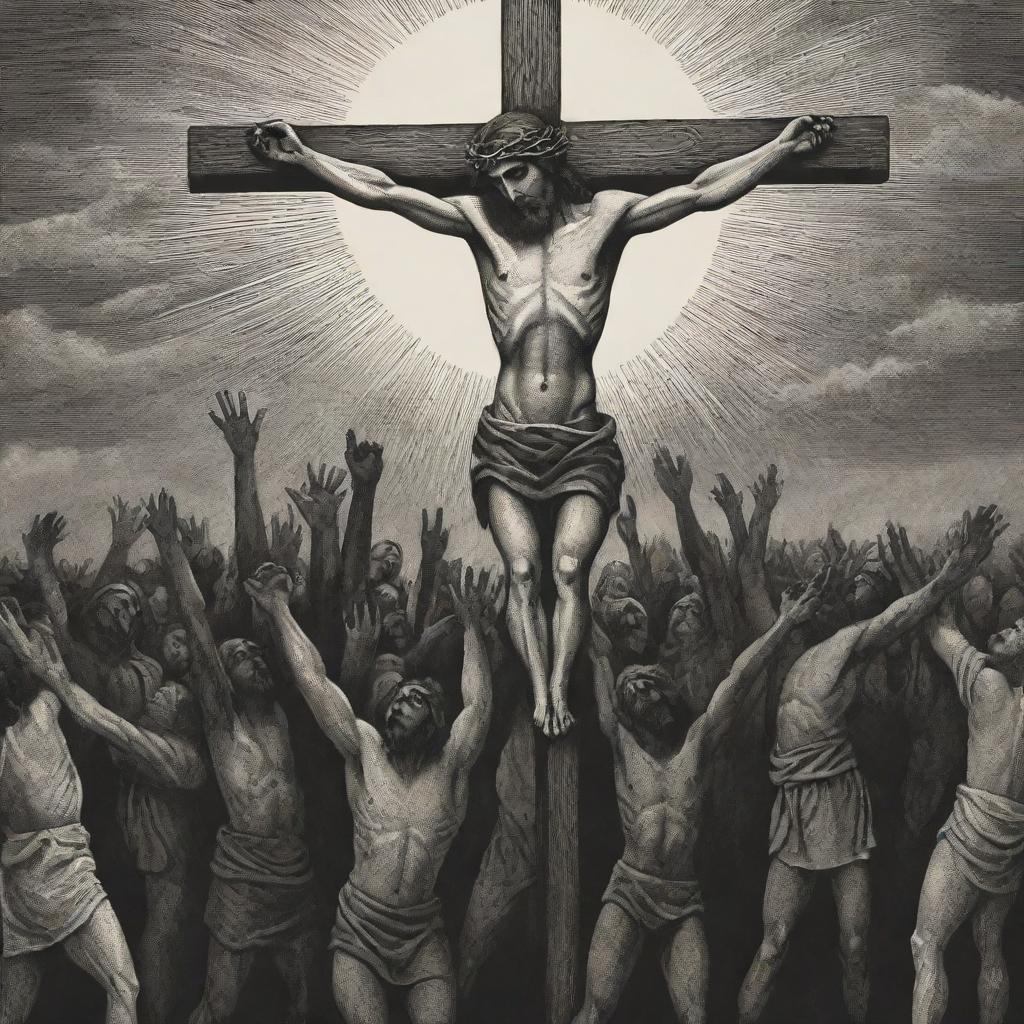 Create a woodcut-style representation of Jesus' crucifixion. Include stylized forms and stark contrast typical to woodcut art, focusing on Jesus on the cross, surrounded by a crowd, and set against a dramatic sky.
