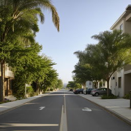 A street-level view of a quiet 1-lane neighborhood road during the day, with a few cars parked and no visible human traffic.