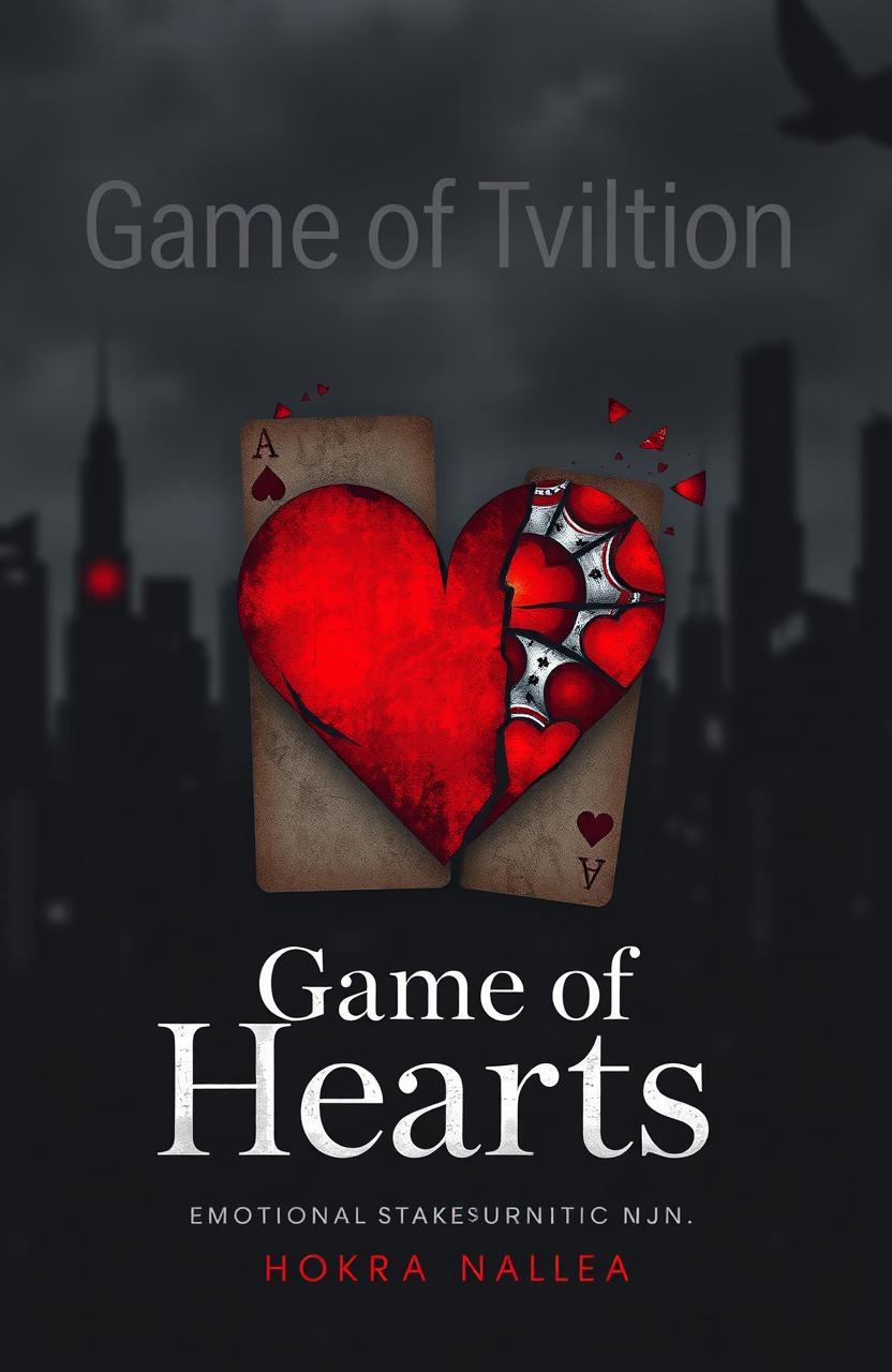 A striking abstract design for the cover of 'Game of Hearts', featuring a shattered playing card of the heart suit dominating the center