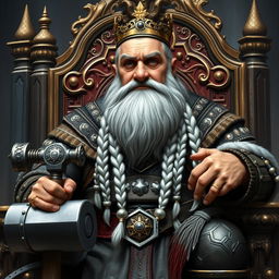 A regal portrait of King Garp Ironfoot, an imposing dwarven monarch sitting on his ornate throne in the grand Dwarven halls of Mar