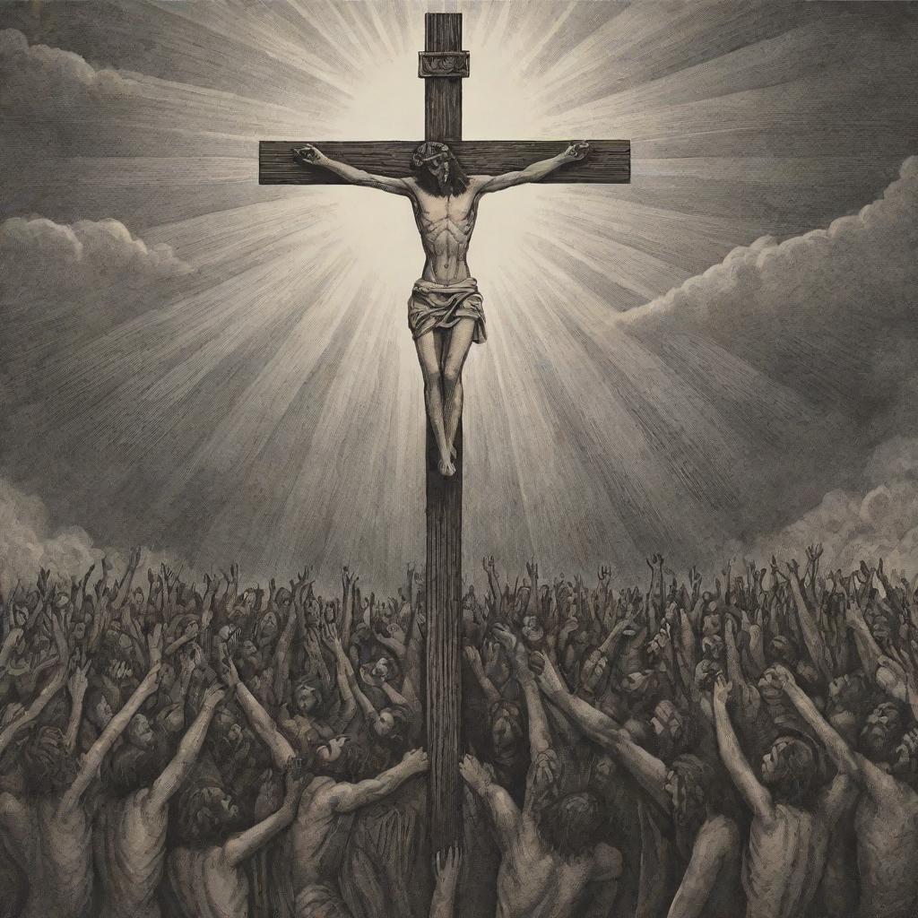 Create a woodcut-style representation of Jesus' crucifixion. Include stylized forms and stark contrast typical to woodcut art, focusing on Jesus on the cross, surrounded by a crowd, and set against a dramatic sky.