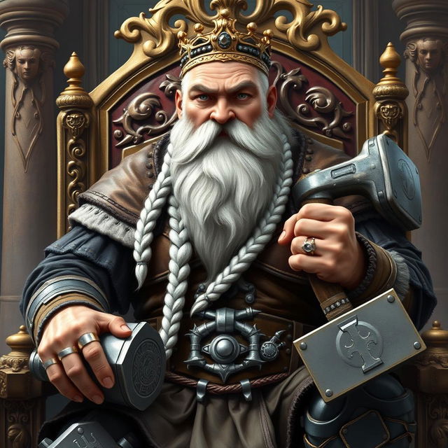 A regal portrait of King Garp Ironfoot, an imposing dwarven monarch sitting on his ornate throne in the grand Dwarven halls of Mar