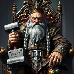 A regal portrait of King Garp Ironfoot, an imposing dwarven monarch sitting on his ornate throne in the grand Dwarven halls of Mar