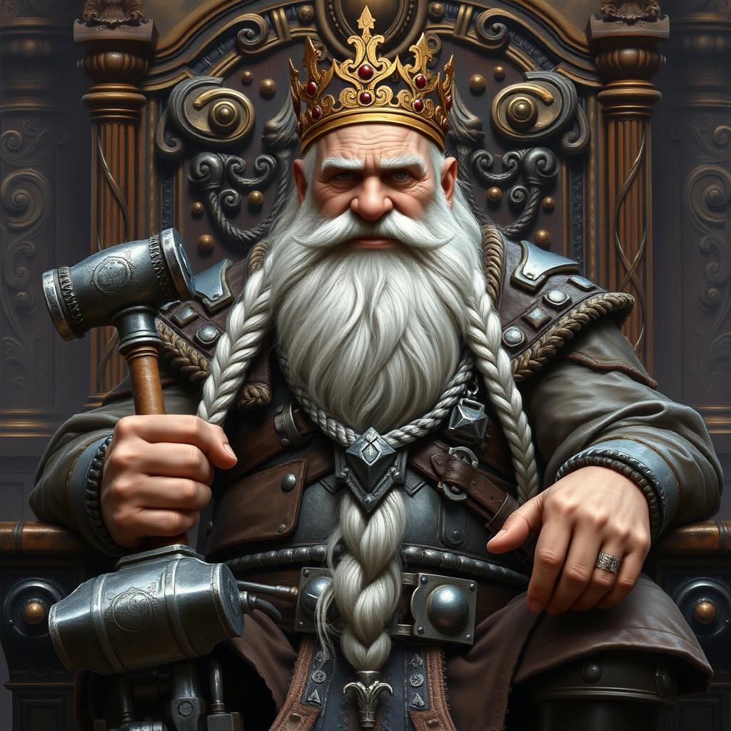 A regal portrait of King Garp Ironfoot, an imposing dwarven monarch sitting on his ornate throne in the grand Dwarven halls of Mar